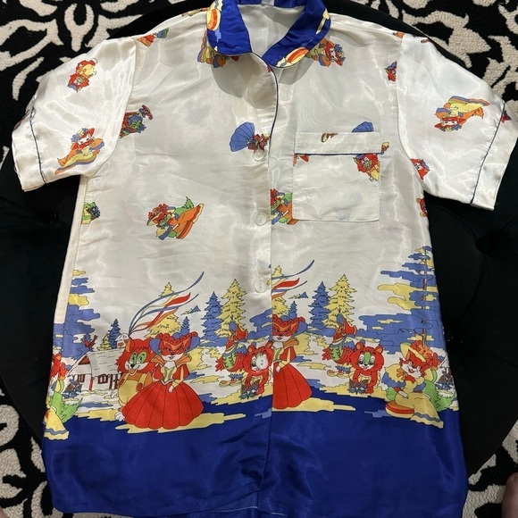 Vintage Tops - Vintage Vietnam Cartoon Silk Like Button Down Shirt 1970’s Streetwear Fun Unique